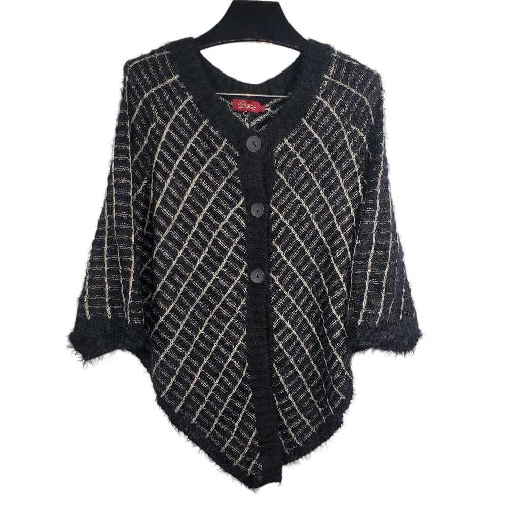 Bestow Cardigan Sweater Cape Womens 1X Hairy Knit Black White Short Sleeve
